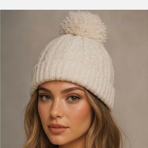 Barefoot Dreams Cream Knit Beanie with Pom-Pom